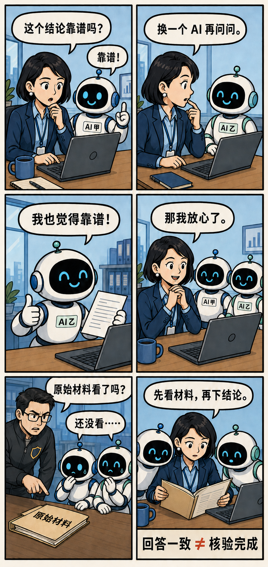 两个 AI 回答一致，但仍需要核验原始材料的六格漫画