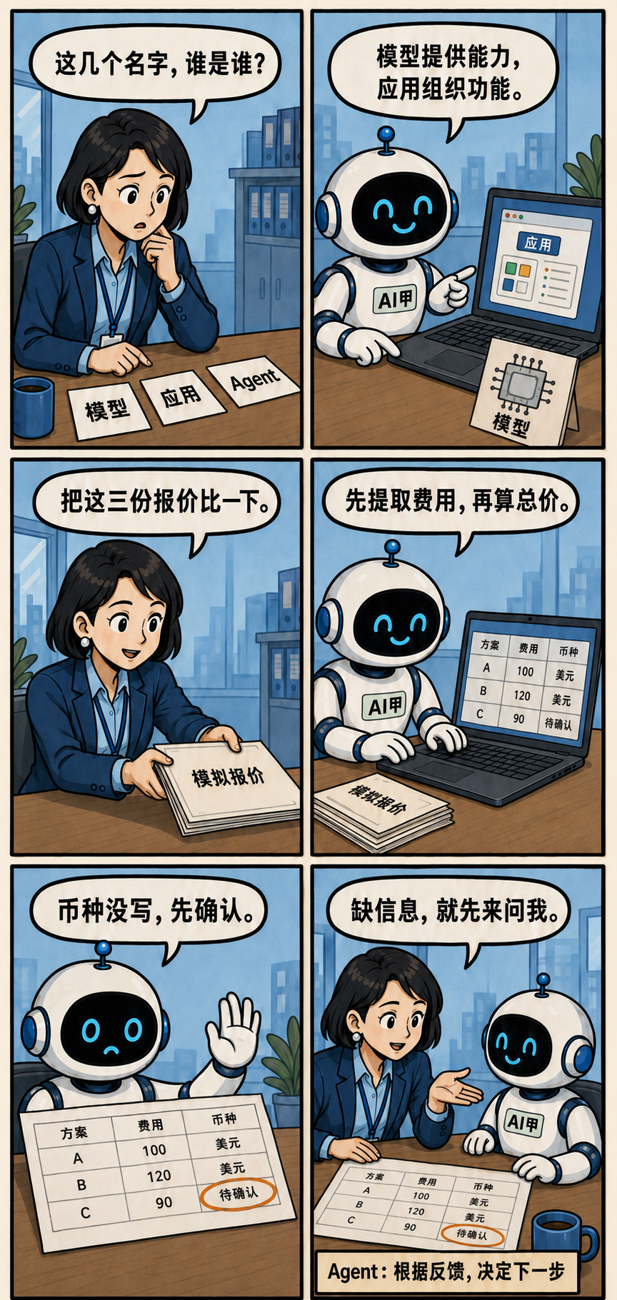 模型提供能力、应用组织功能；Agent 在比较模拟报价时发现币种缺失，暂停并向人确认