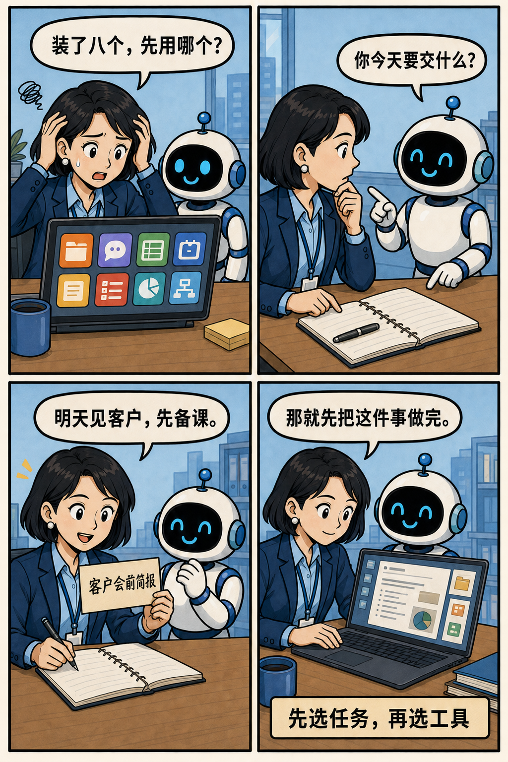 装了多个 AI 应用后，先确定客户会前简报这项任务，再选择工具