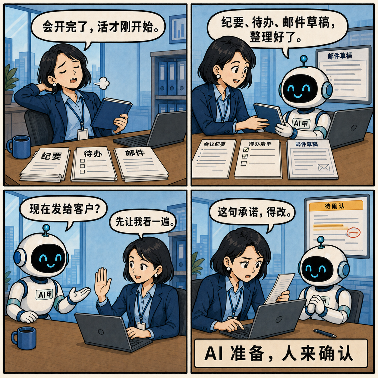 会议结束后，AI 整理纪要、待办和邮件草稿，人复核后再决定发送